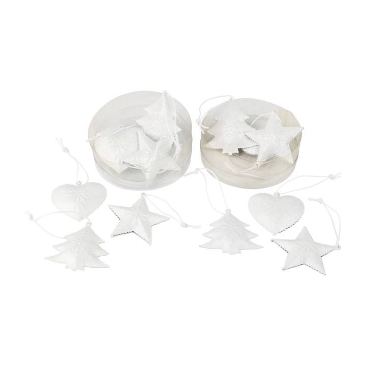 A21586 : 2 ensembles assortis, mini ornements en métal étoile blanche, cœur et arbre, 5 cm pour la vente par Silver Tree Home & Holiday