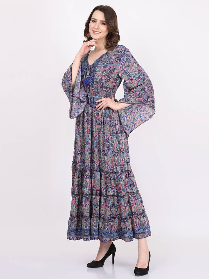 Wevez - Wholesale Dress - Women's - Women Bell Sleeve V-Neck Casual Boho Floral Print Maxi Dress5
