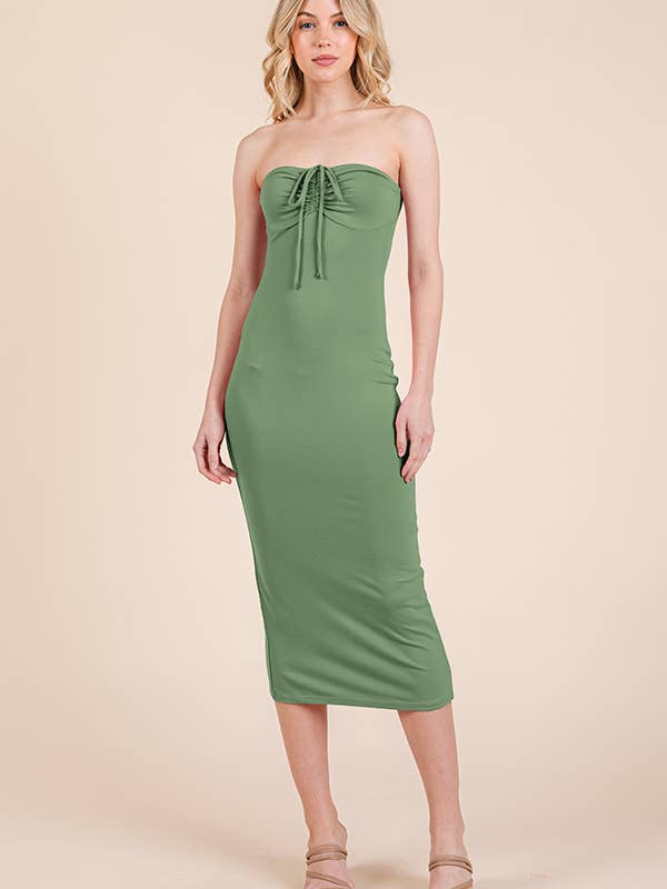 JD54433A - RUCHED TUBE LACED TIE MIDI DRESS WITH SCALLOPED T for wholesale by Heart & Hips