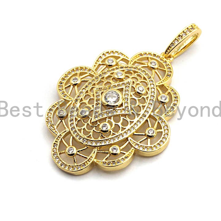 BestBeads&Beyond - Wholesale Individual Charm/Pendant - CZ Clear/Black Micro Pave Symmetric Filigree Flower Pendant, Gold/Rose Gold/Silver/Gunmetal plated, 34x45mm, Sku#F787