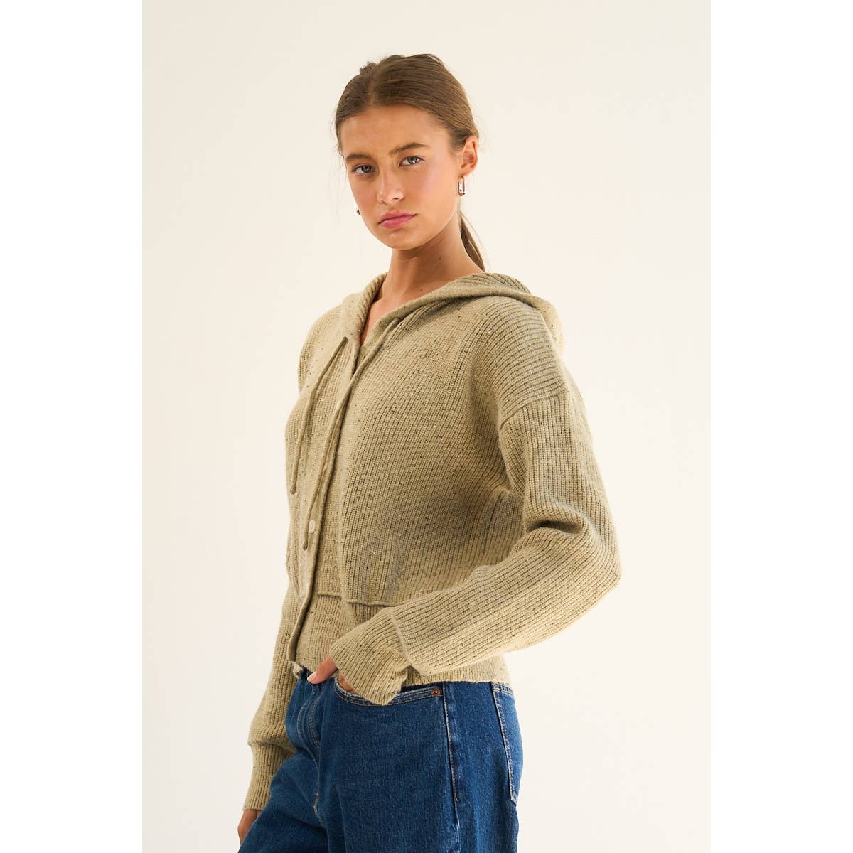 The GREii - Vente Pull en maille – femme - Cardigan à capuche en tricot moucheté avec boutons3