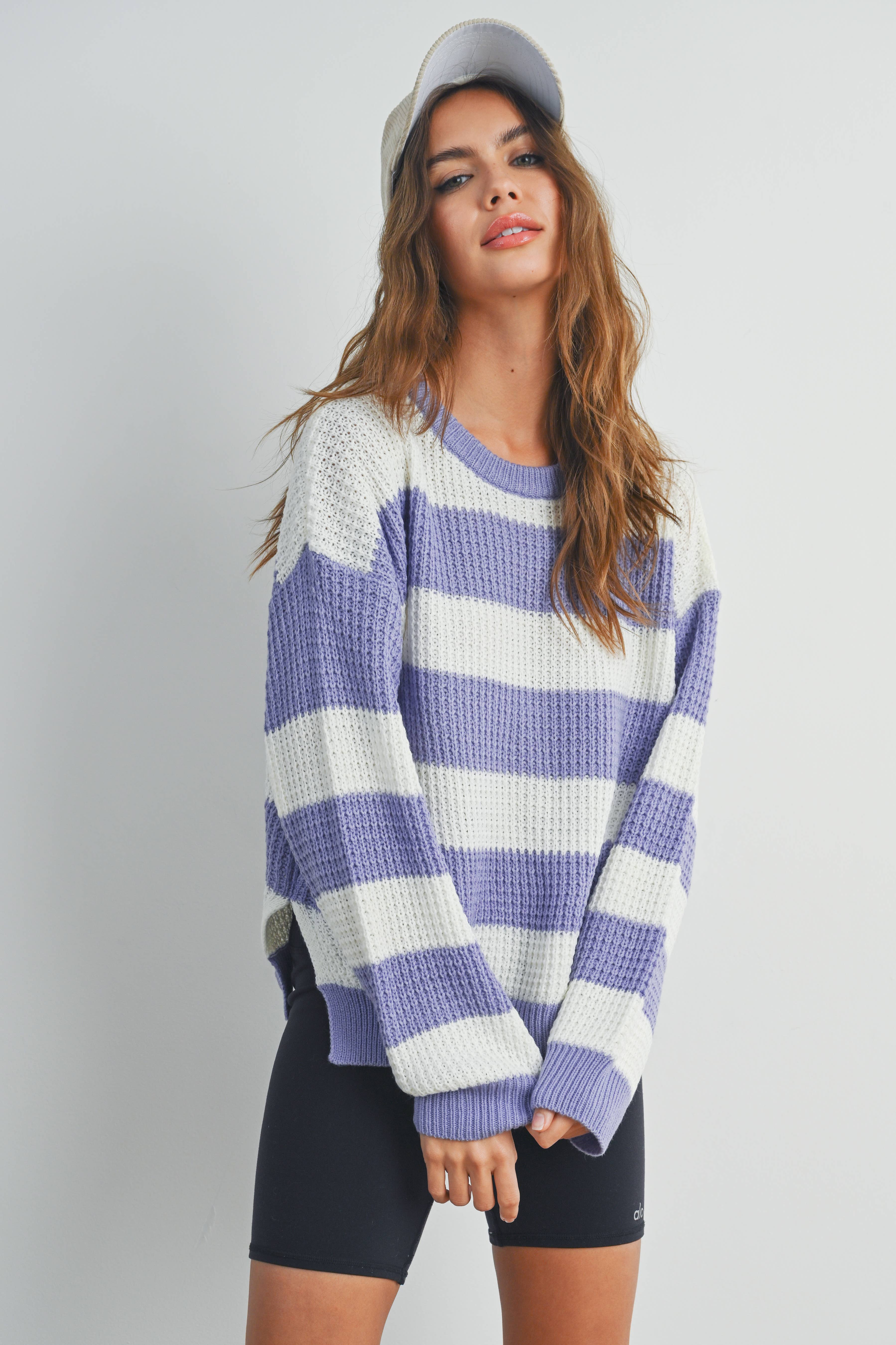 BUTTERMELON - Wholesale Knit Sweater - Women's - Striped Round Neck Long Sleeve Sweater - BMW732922