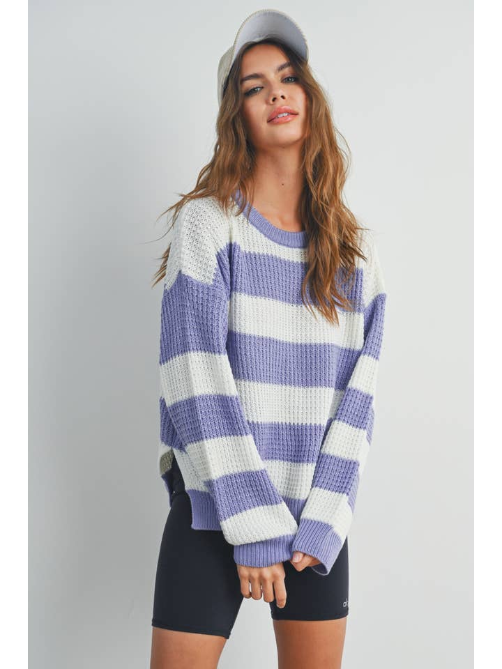 BUTTERMELON - Wholesale Knit Sweater - Women's - Striped Round Neck Long Sleeve Sweater - BMW732922