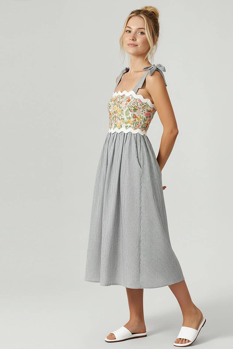 Kori America - Wholesale Jurk - Dames - Schouderband Ric Rac Bloemenstreep Midi Jurk1