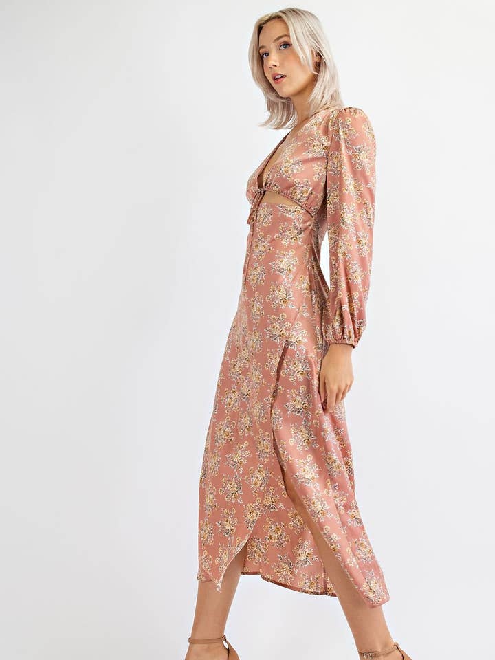 MD1515 SATIN FLORAL SHIRRED BUST FRONT TIE LONG DRESS for wholesale by Edit by Nine