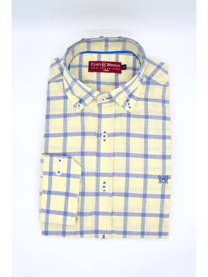 Custi Mikelo: Men's Clothing & Christmas Gifts – Engroshandel Skjorte med buttondown – Mænd – Gul Skjorte Blåt Ternet | Madrid1