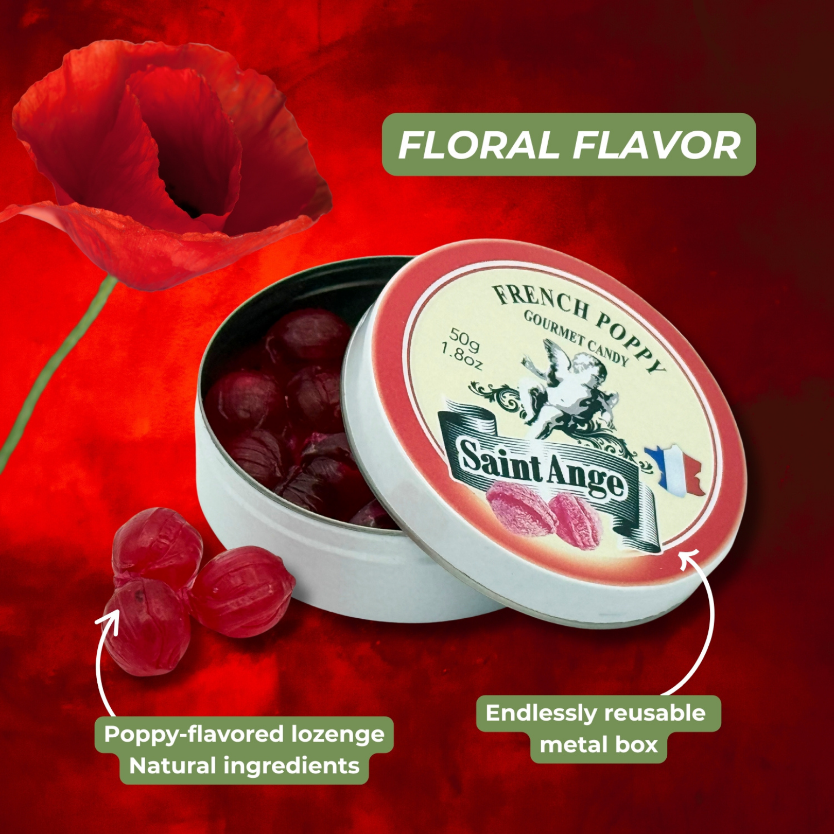 Bonbon USA France - Wholesale Hard Candy - Saint Ange Poppy - French Gourmet Natural Candy Tin4