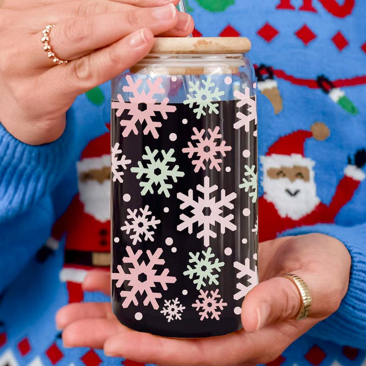 Gia Roma - Venta al por mayor Vaso/copa - Tazas de cristal para café navideñas con pajitas y tapa de madera, diseño de copos de nieve0