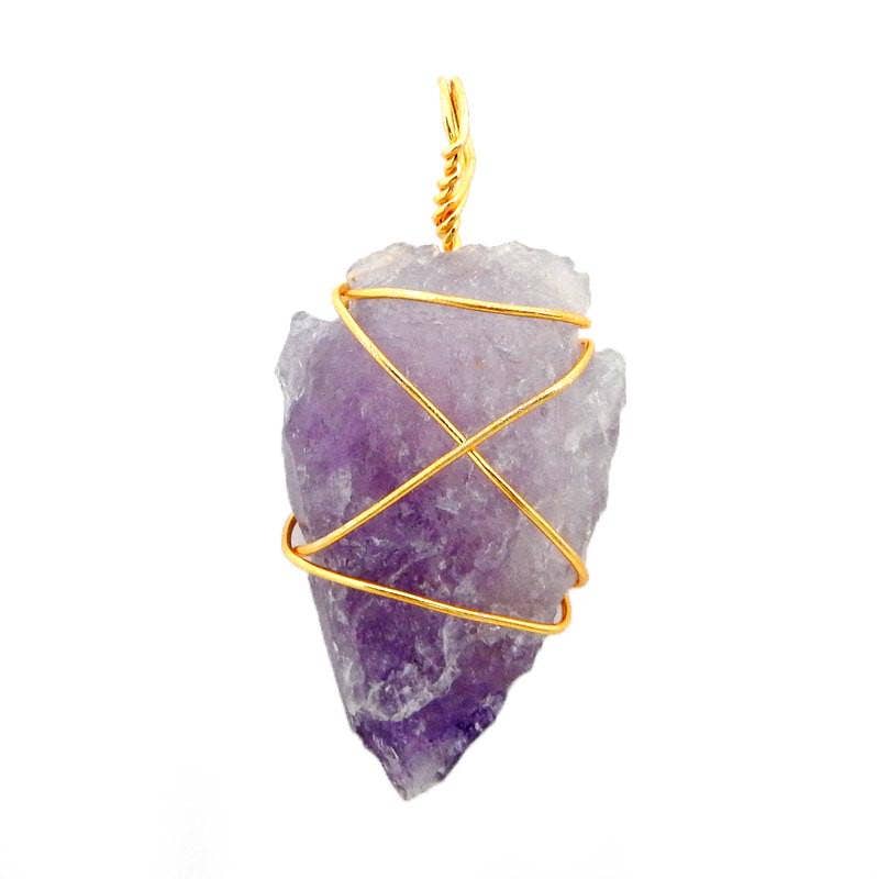 Rock Paradise - Wholesale Individual Charm/Pendant - Crystal Amethyst Arrowhead Pendant Wire Wrapped Gold Tone2
