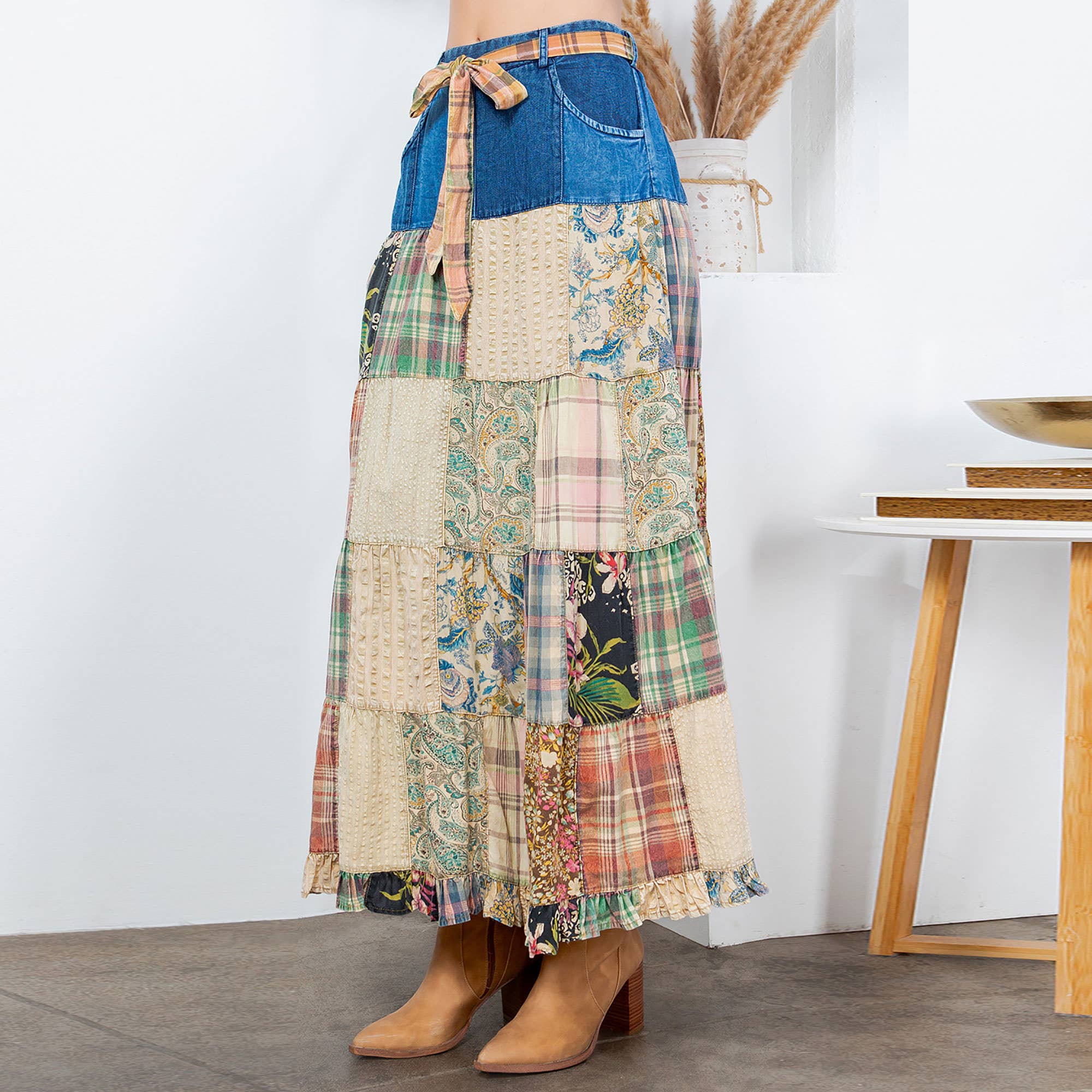 Young Threads - Wholesale Skirt - Women's - Western Boho Chic: Patchwork Belted Skirt  (New Color)20