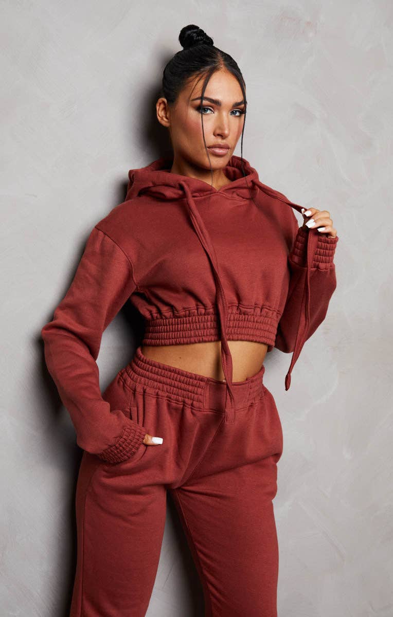 Femme Luxe – wholesale Lounge set – Women's – Rust Long Sleeve Crop Hoodie High Waisted Joggers Shirred Detail Fleece Loungewear Set - Costella4