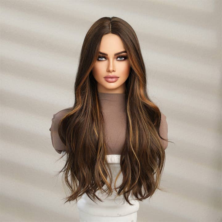 Women's Wig Ear Hook Ombre Dark Brown Middle Part Long Curly Full Head for wholesale by kycozy