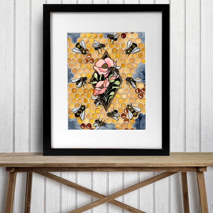 Pintura en acuarela «Bee Repetition»: Lámina artística para venta al por mayor de PinkPolish Design
