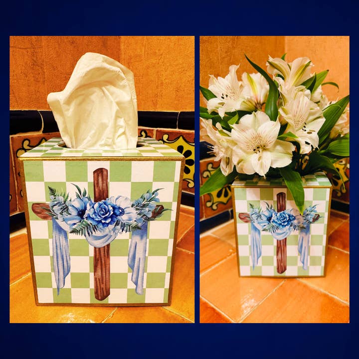TOPICS IN THE TROPICS - Wholesale Tissue box - Paper mache Kleenex Box Cross with a blue drape 1