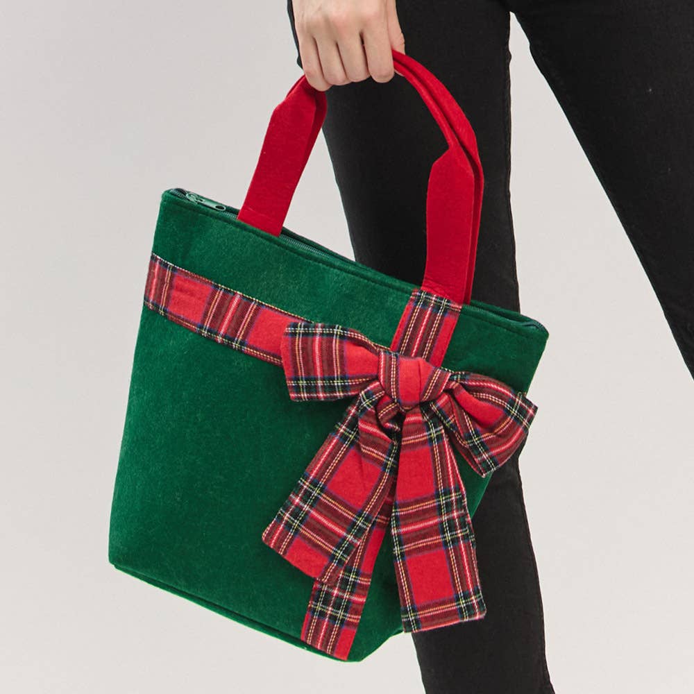 JOIA ACCESSORIES - Wholesale Tote Bag - Women's - CHRISTMAS GREEN TOTE BAG WITH RED PLAID BOW, MB 03212