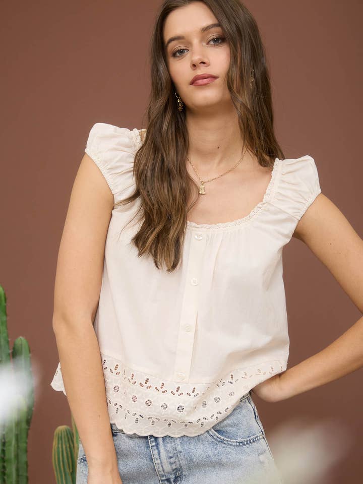 Blu Pepper - Wholesale Blouse - Women's - EYELET LACE TRIM SHORT SLEEVE BUTTON DOWN BLOUSE