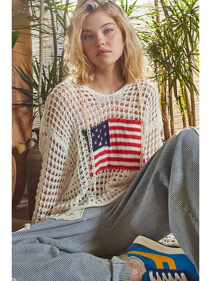 Pol Clothing - Wholesale Knit Top - Women's - Long sleeve American flag hoodie thin sweater top SALE