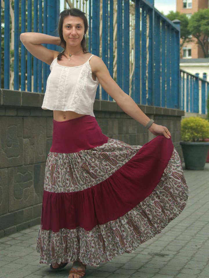Paisley and Crepe Tiered Skirt with Zip for wholesale by KASHI INC