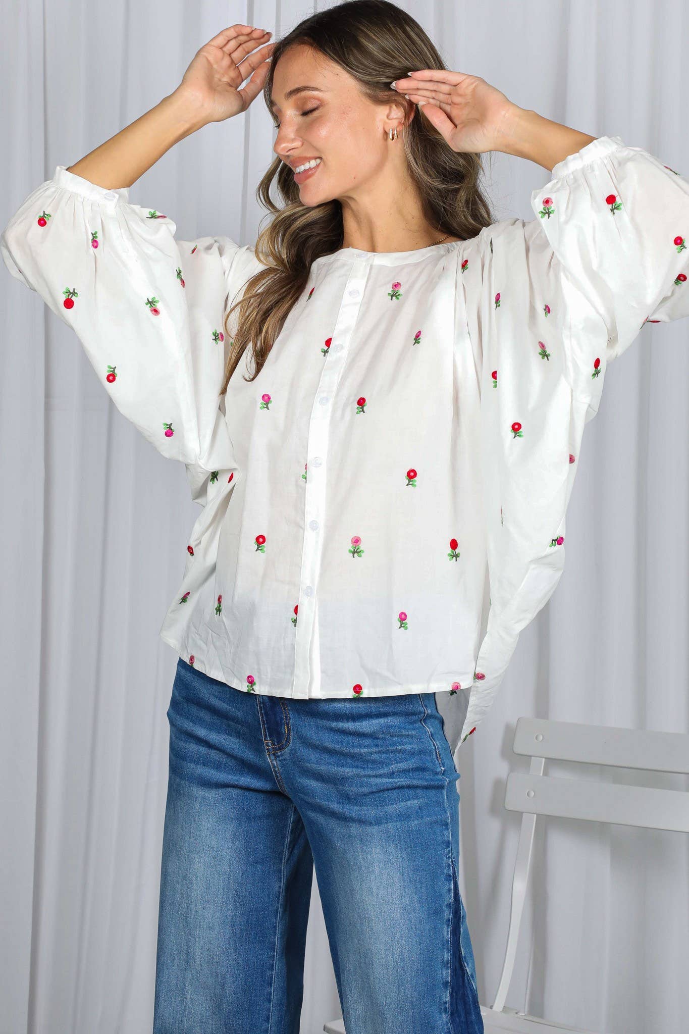 Off White English Ross Embroidered Draped 3/4 Sleeve Blouse VT82897 for wholesale on Faire4