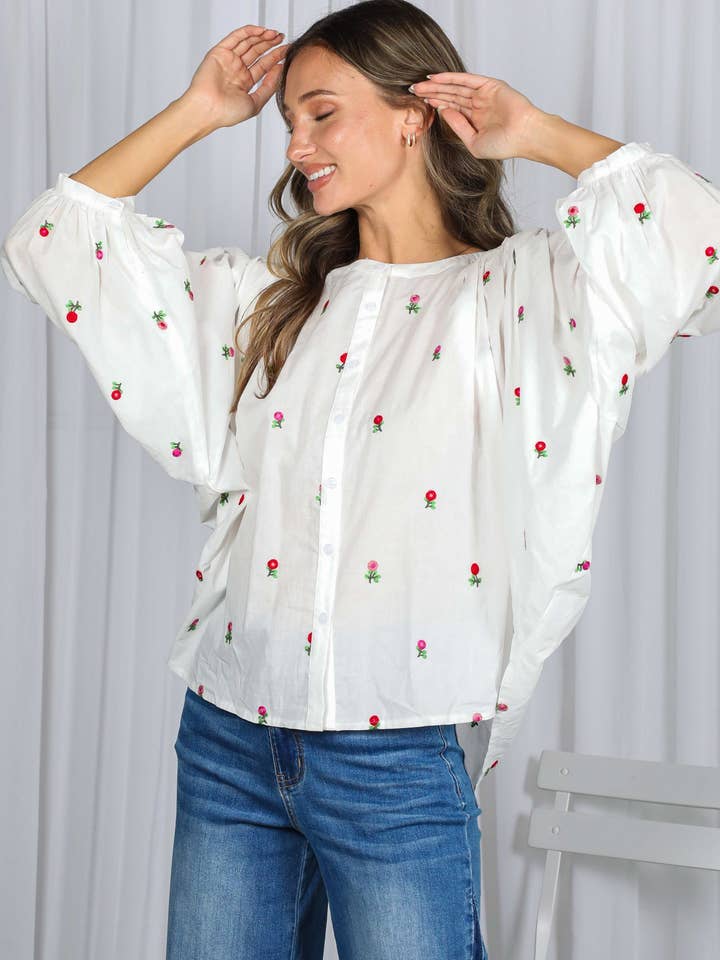 Off White English Ross Embroidered Draped 3/4 Sleeve Blouse VT82897 for wholesale on Faire4