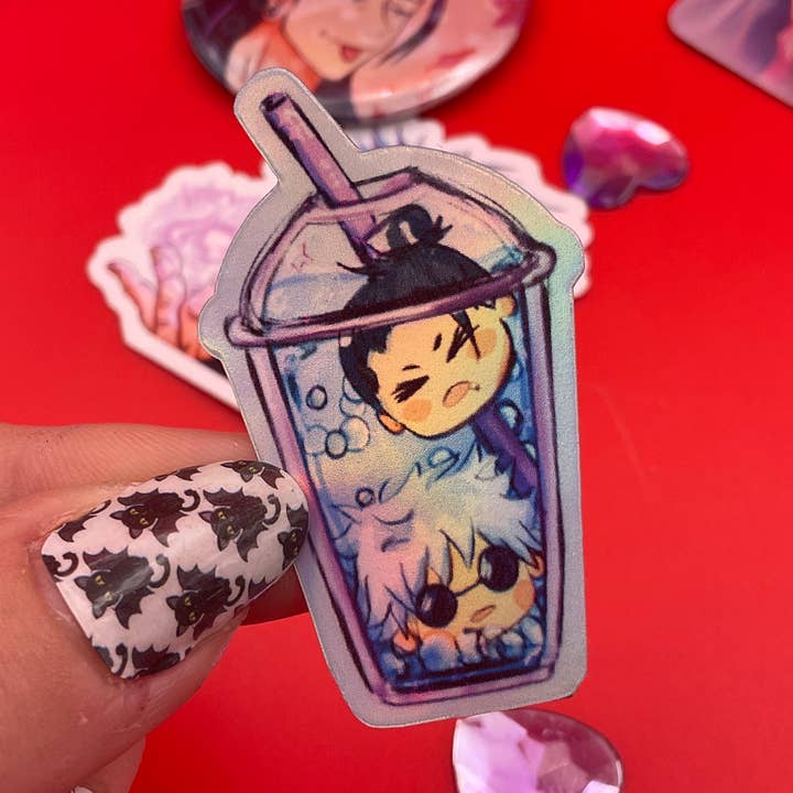 JJK satosugu Bubble Tea klistermærke Vandtæt holografisk for engroshandel hos Elegant Potato Anime