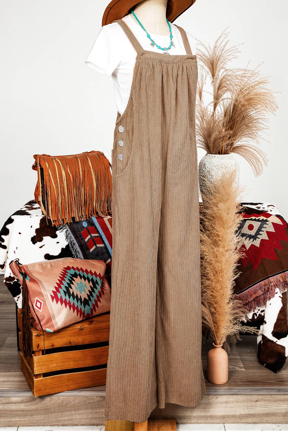 Green Fashion-W Solid Pocketed Loose Fit Corduroy Overall for wholesale on Faire5