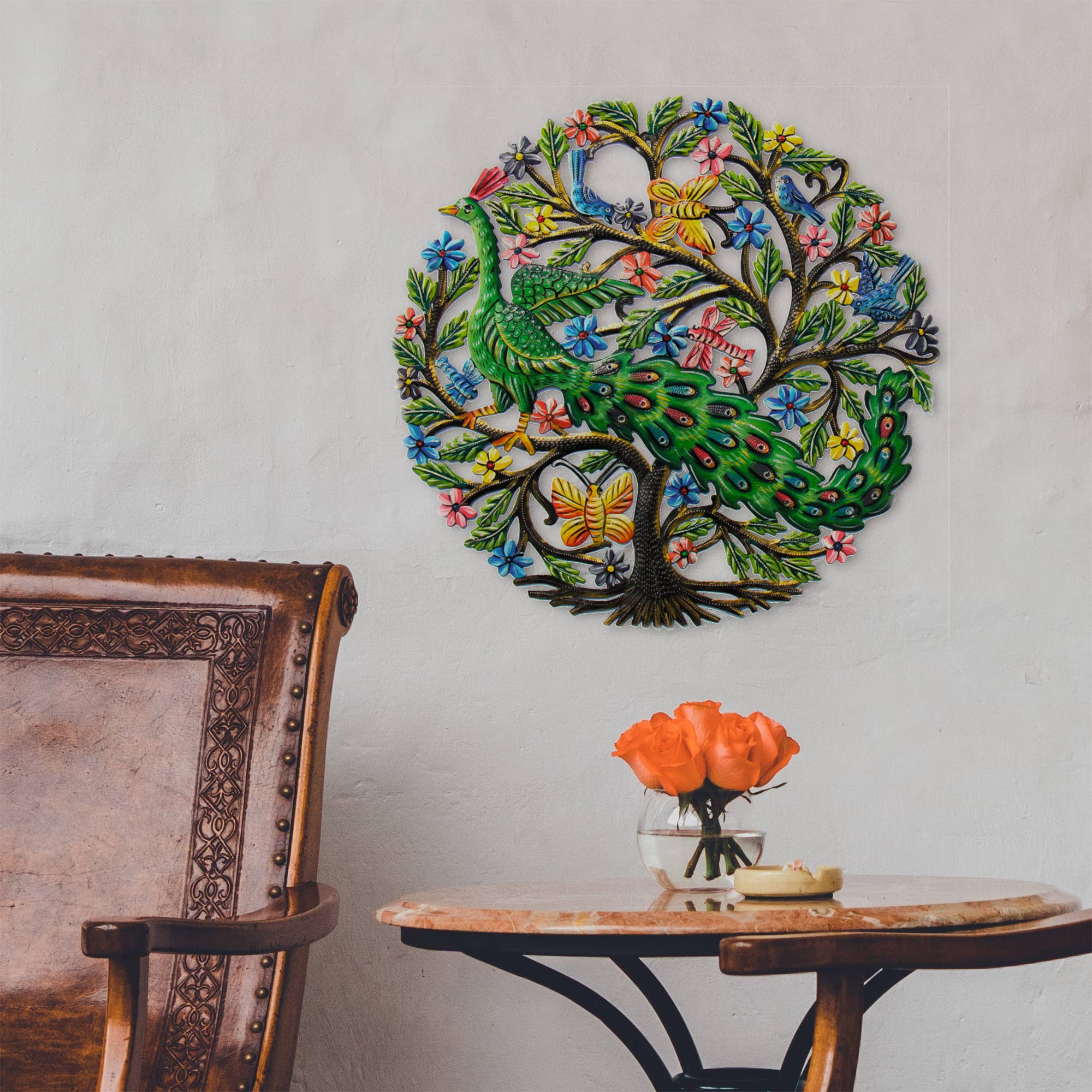 Global Crafts - Wholesale Wall Accent - Peacock in Tree Painted Haitian Metal Drum Wall Art2