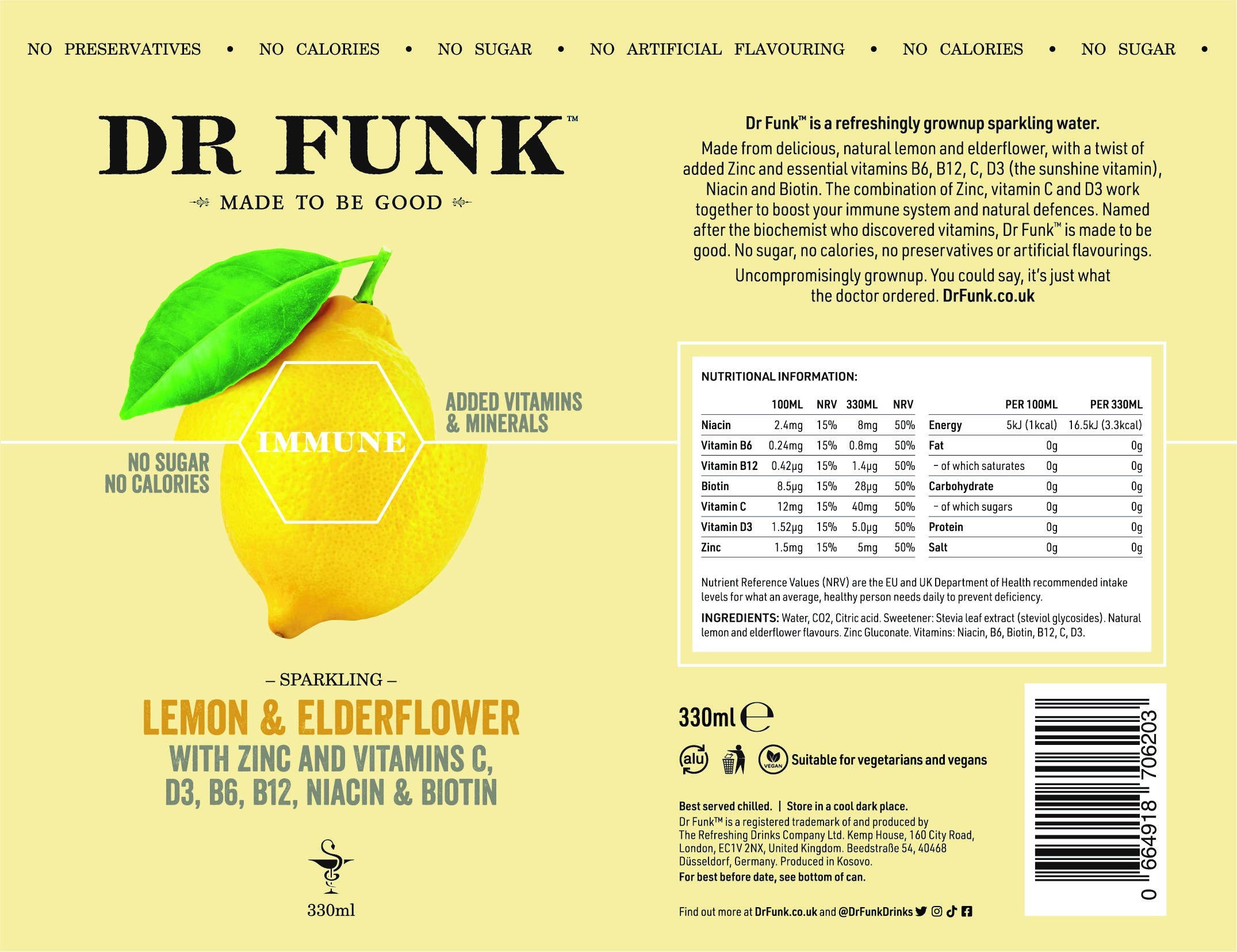 Dr Funk - Vendita all'ingrosso Acqua frizzante - Lemon & Elderflower con 7 nutrienti essenziali10