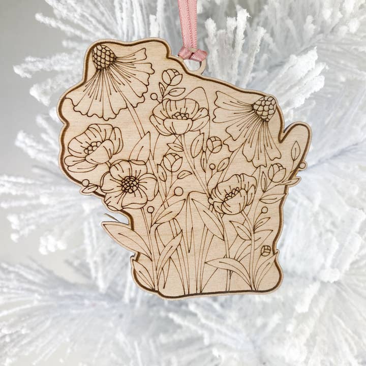 Wisconsin Floral Wood Ornament for wholesale by Midwestmod | Pixel + Stitch
