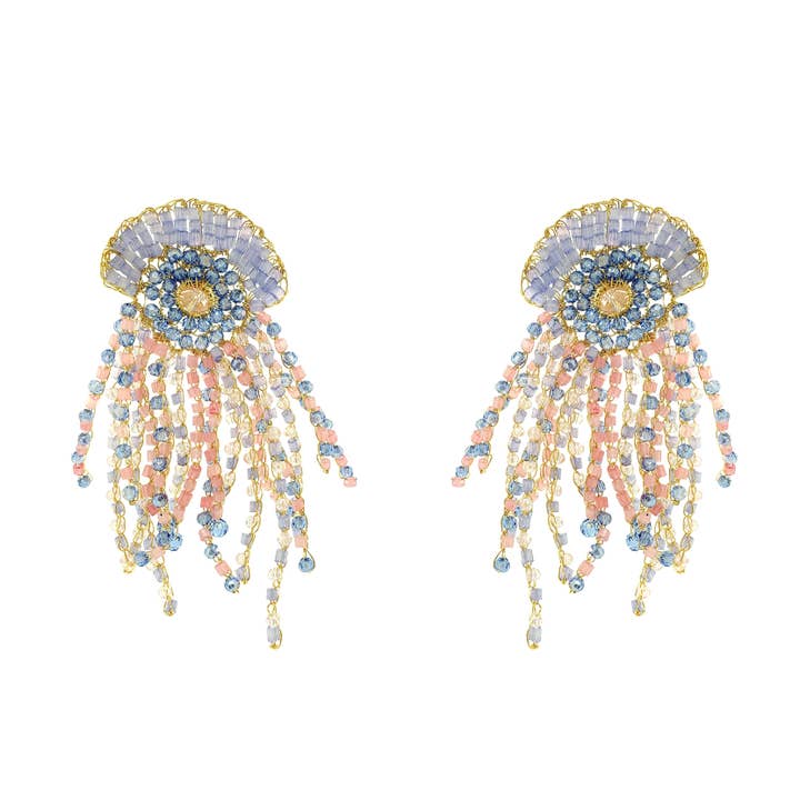 Blød lyserød & blå mix Oceanus Maxi håndlavede hæklede øreringe for engroshandel hos Lavish By Tricia Milaneze