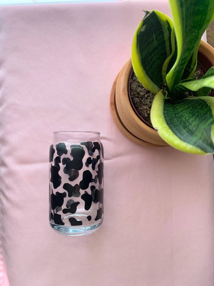 Cow print glass cup, 16 oz pint, glass can coffee cup, cows for wholesale by MarieDesignCo