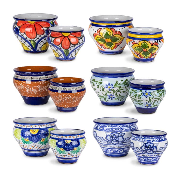 Gerson S/2 Spanish Hand Painted Ceramic Pots, Lg is 16.6"D, for wholesale by The Gerson Companies