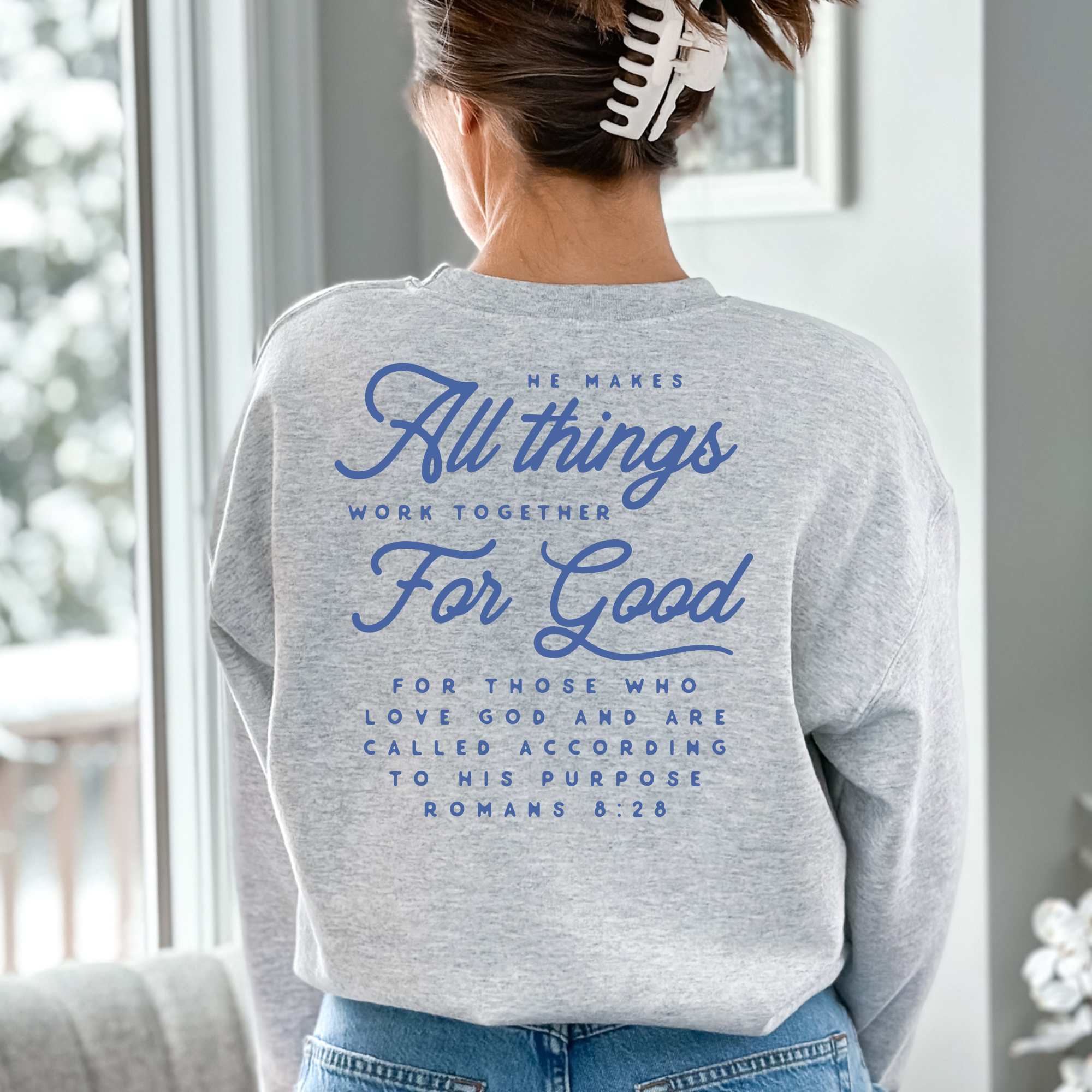 Faith & Life Christian Brands – Engroshandel Grafisk Sweatshirt - Dame – Alle ting arbejder sammen til det gode hyggelig crewneck sweatshirt0