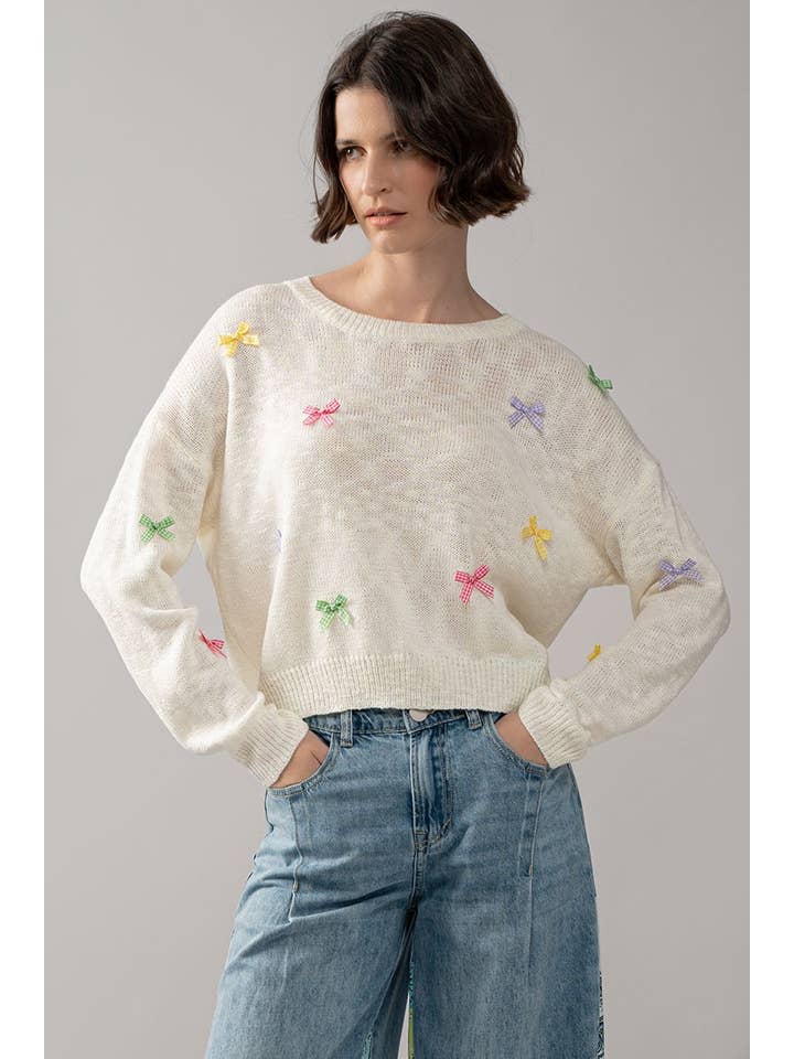 IVORY Multicolor Gingham Bow Crew Neck Knit Sweater for wholesale on Faire