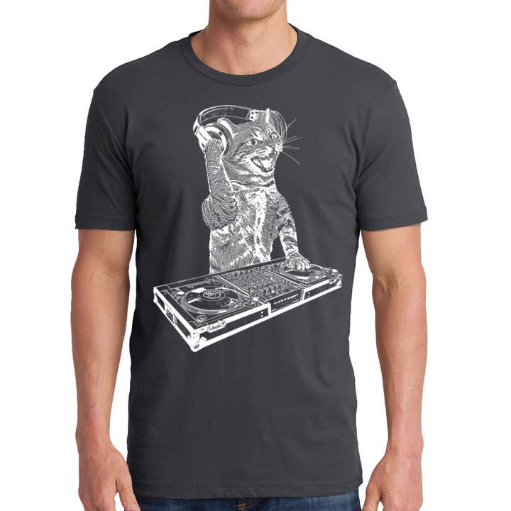 MISSION THREAD CLOTHING - Wholesale Screen Printed T-Shirt - Men's - Cat DJ Tshirt, Men's Kitten Disc Jockey Design, Dance Party