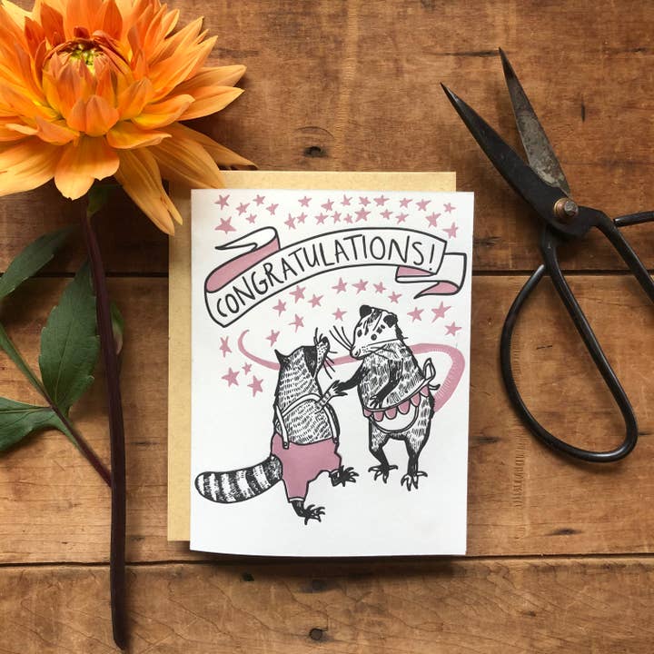 Ratbee Press - Wholesale Congratulations card - Raccoon Possum Congrats Card1