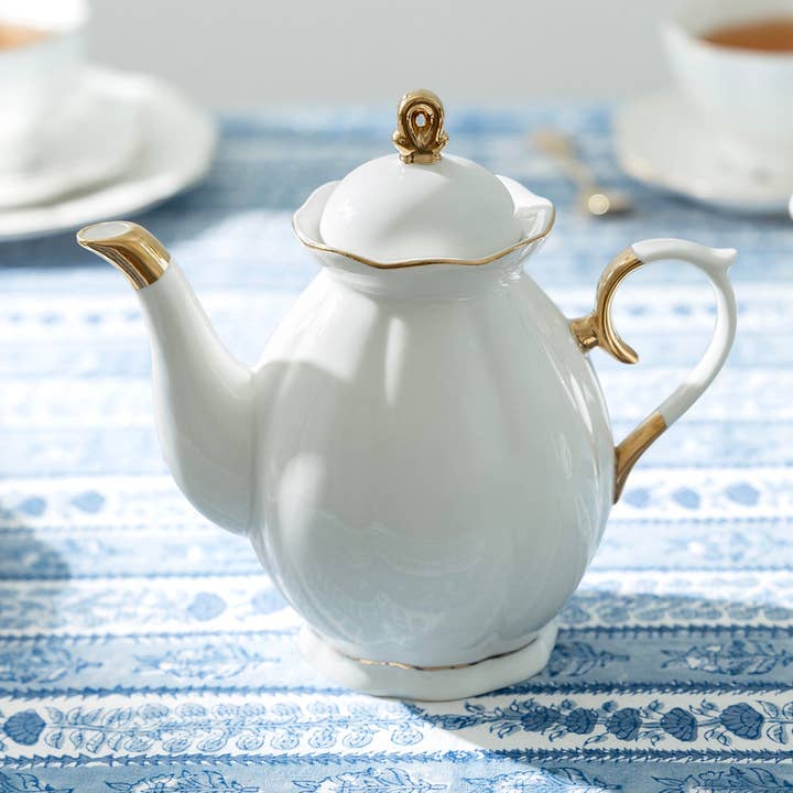 Grace Teaware - Wholesale Tea Pot - White Gold Scallop 40oz Fine Porcelain Teapot