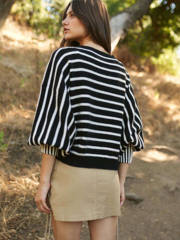 Black White Stripe Puff Sleeve Sweater for wholesale on Faire5