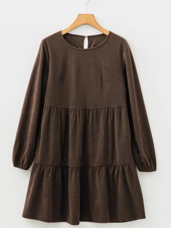 Robe courte à volants à manches lanternes marron foncé pour la vente par Sweet Lover Fashion