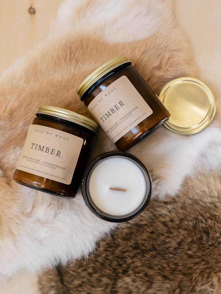 Fresh Balsam + Cedarwood Soy Wax Wooden Wick Candle for wholesale by Haus of Wool