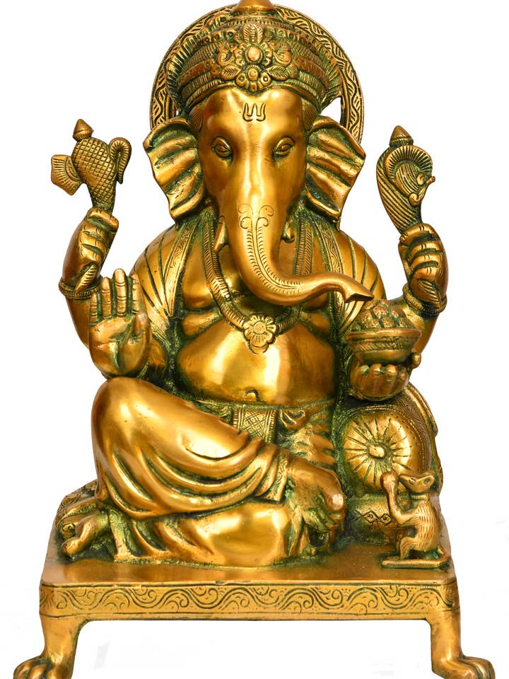 12" Lord Ganesha Seated On Chowki In Brass | Handmade for wholesale by Exotic India Art