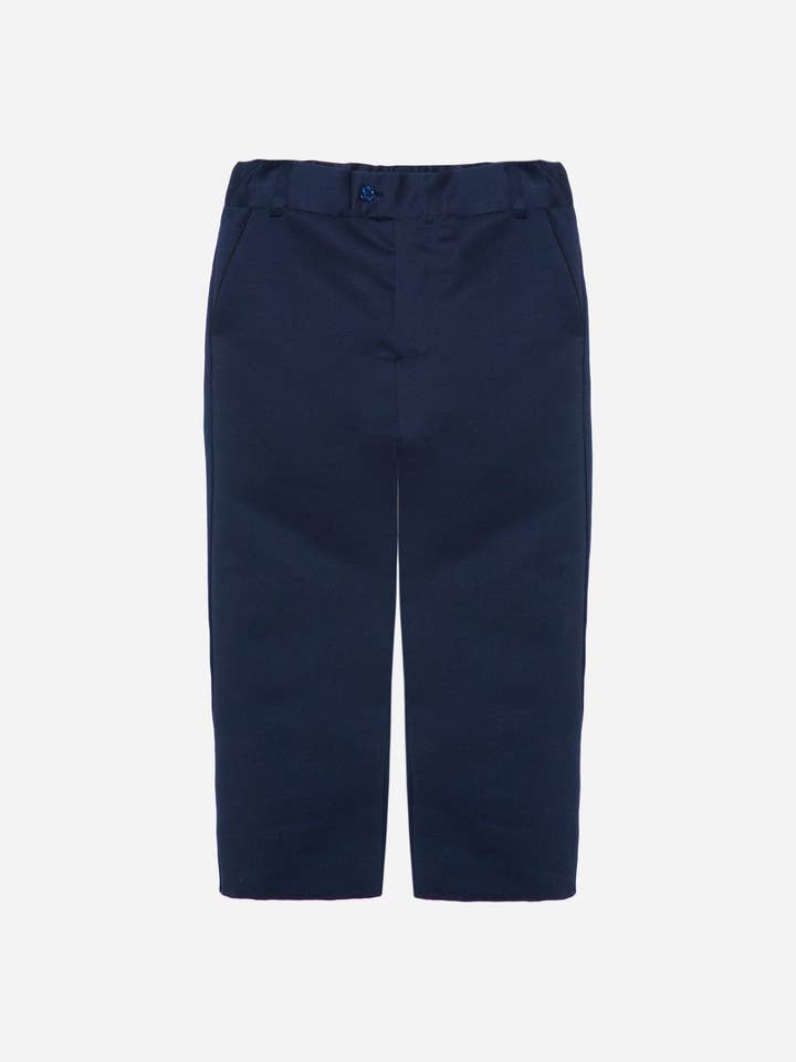 Pantalon garçon en satin bleu marine pour la vente par Patachou