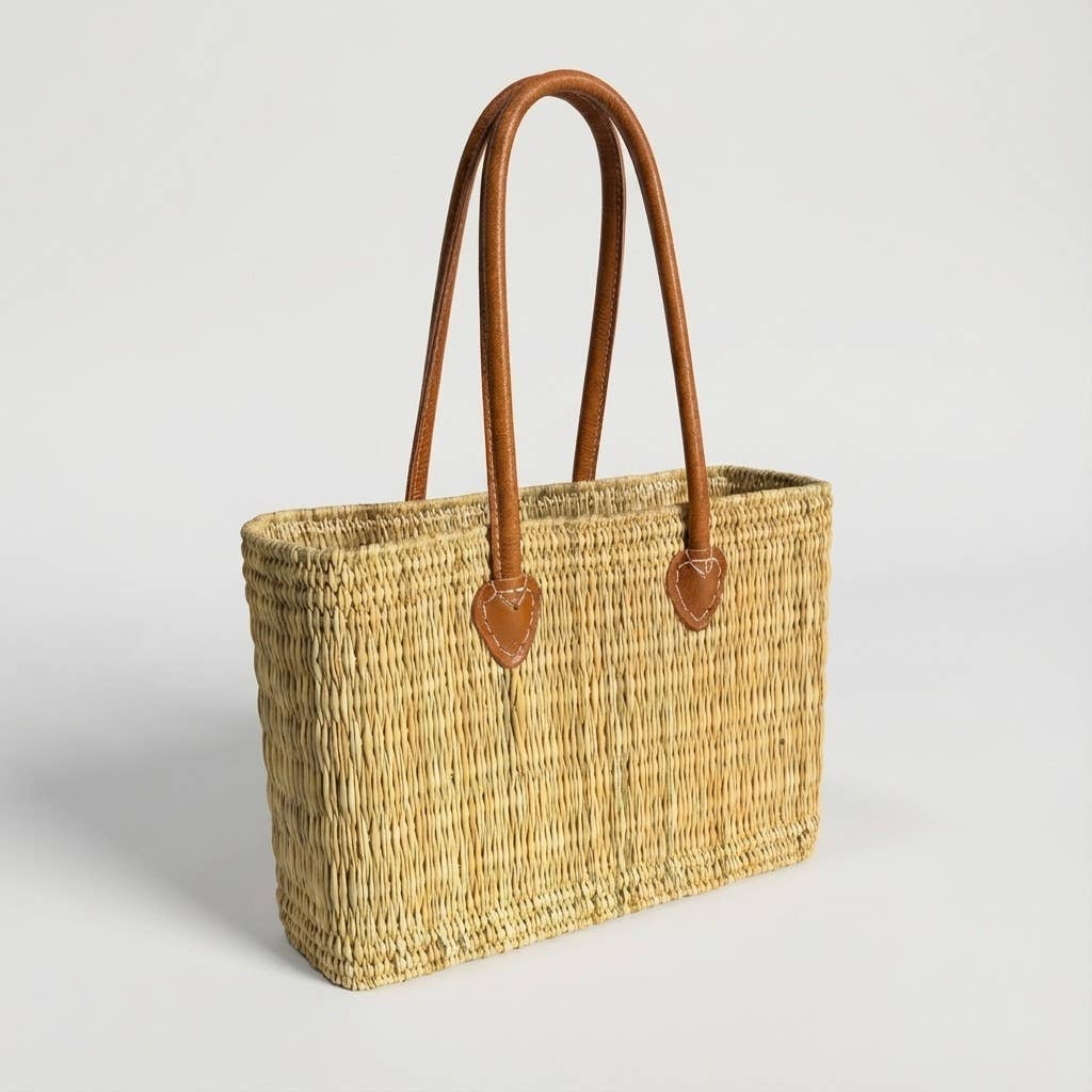 Melecraft - Wholesale Basket - Reed Market Basket Leather Handles - Natural Woven Tote Bag1