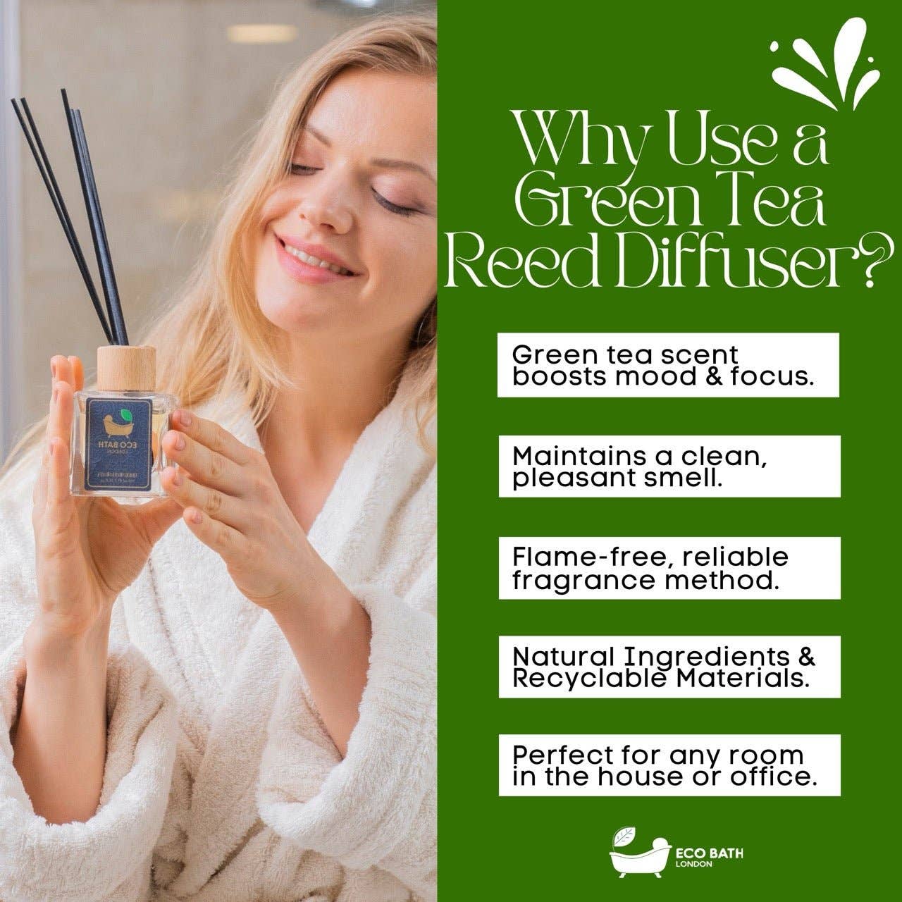 Eco Bath London - Wholesale Reed Diffuser - Eco Bath London Green Tea Reed Diffuser - Refreshing Room Fragrance with Notes of Bergamot and Green Tea, 100ml (3.38 Fl.Oz)4