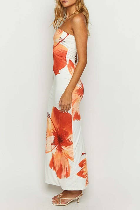 White Hawaii Hibiscus Floral Bandeau sleeveless tube dress for wholesale on Faire14