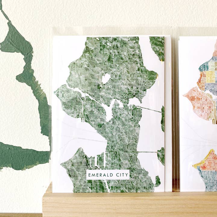 "Emerald City" SEATTLE Washington Mapa em Aquarela - cartão de felicitações por atacado de Turn-of-the-Centuries