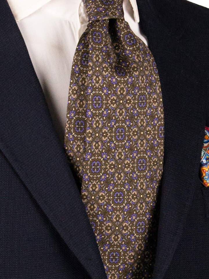 Vintage Tie in Moss Green Silk Twill with Blue Avio Gray Pattern CV524 for wholesale by Graffeo Cravatte