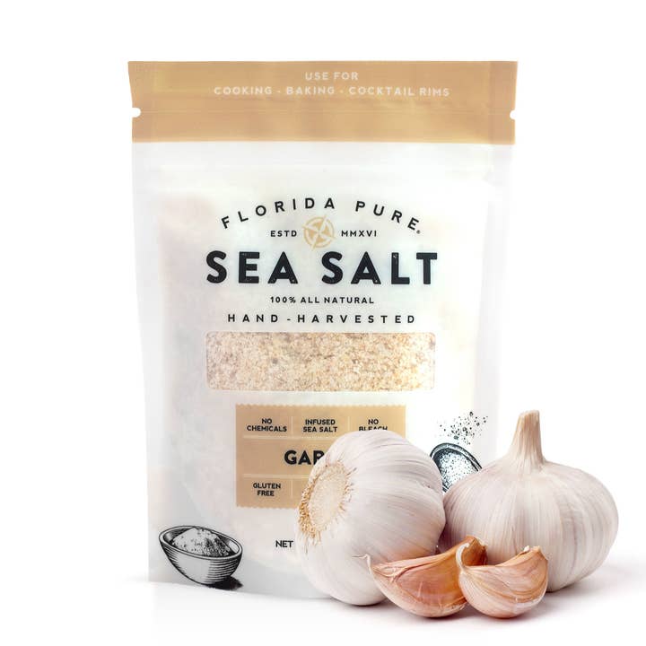 Garlic Sea Salt Pouch (Flaked Sea Salt)- 3oz.- NEW for wholesale by Florida Pure Sea Salt