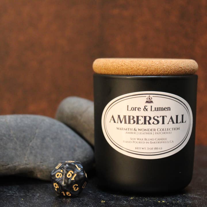Amber + Leather + Patchouli - Matte Black Glass Soy Candle for wholesale by Lore & Lumen
