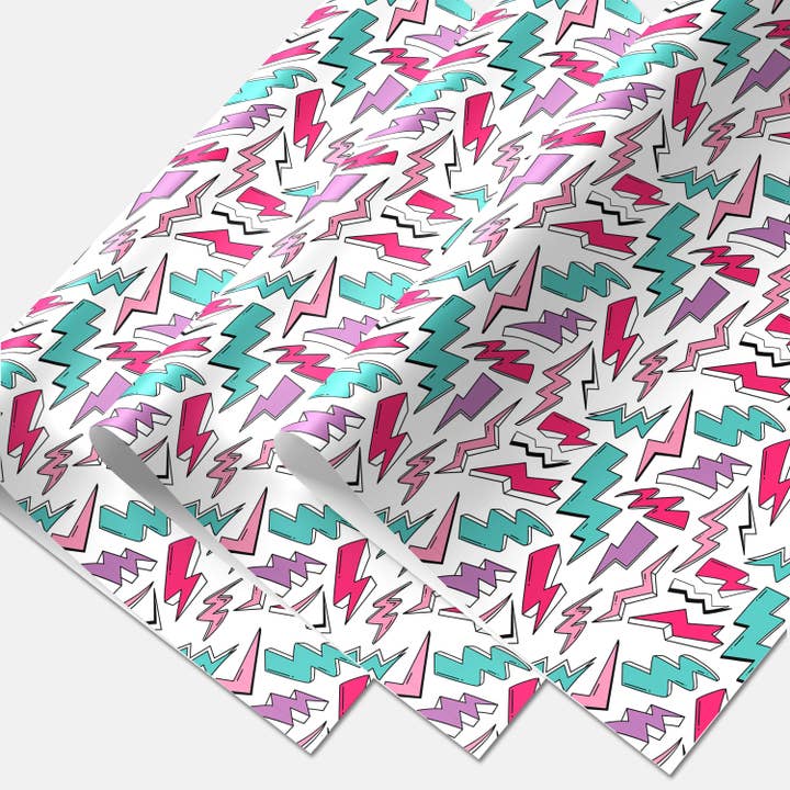 Rock'N Paper - Wholesale Flat Wrap - Retro Lightning Bolt Gift Wrapping Paper, 80's Style, Rocker